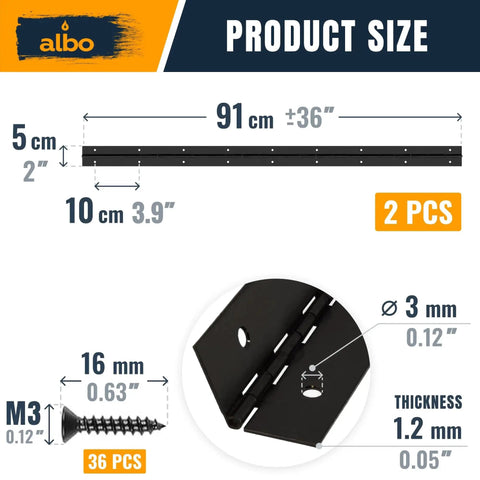 36 Inch Matte Black Continuous Piano Hinge Stainless Steel 304 2 Pack with product dimensions and screw details