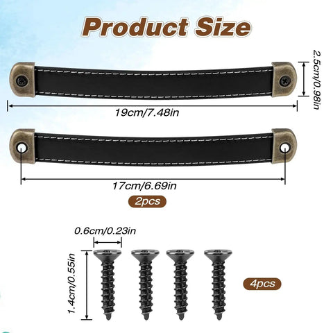 Two Leather Drawer Pulls With Mounting Screws Included For Drawers Cabinets Luggage Trunks And Suitcases shown with dimensions