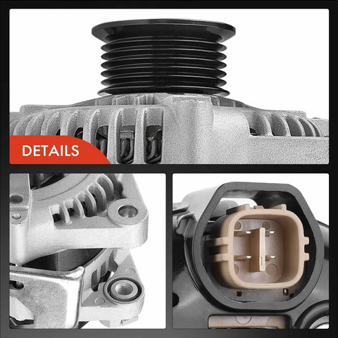 Close-up of a 12V 150A Clockwise 6 Groove Pulley Alternator for Hyundai and Kia, showing pulley grooves and connector details.