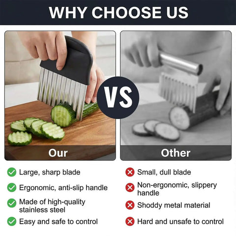 Comparison of Stainless Steel Crinkle Cutter for Veggies and Fries with large sharp blade slicing cucumber versus small dull blade