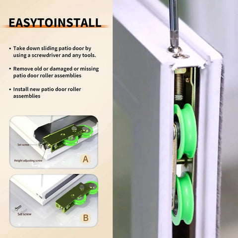End Adjust Tandem Patio Door Rollers With Steel Carrier And Ball Bearing Wheels Nylon Wheel Option Recess Mount In Bottom Rail