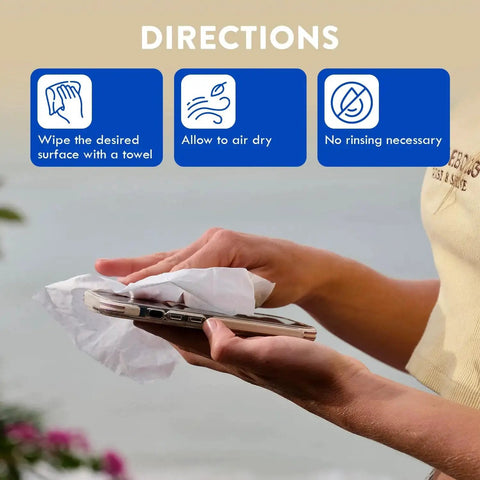 Person using Alcohol Free Hearing Aid Cleaning Wipes 100 Pcs Individually Packaged on a phone with direction icons above.