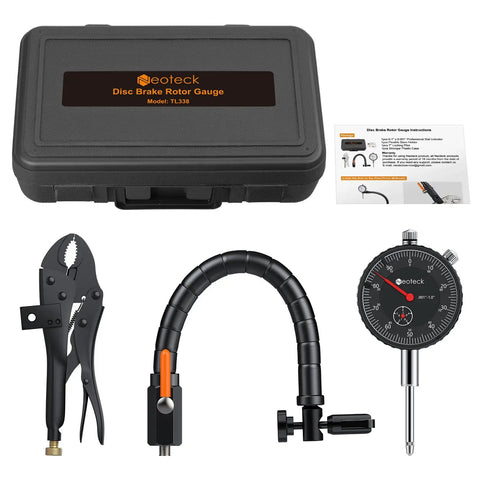 Front view of Neoteck disc brake rotor gauge set in a black case with dial gauge, flexible arm, and locking plier