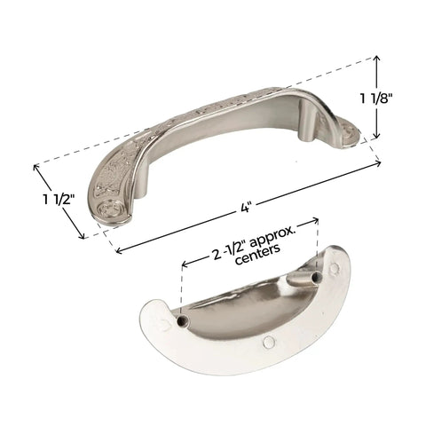 Baroque Scroll Work Brushed Nickel Cup Pull for cabinets, drawers; 2-1/2 inch centers, 4 inch wide, 1-1/8 inch projection view
