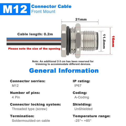 Diagram of M12 4 Pin A Code Male Connector Cable 0.7 Ft Panel Mount Connector with IP67 waterproof rating and 0.2m cable length.