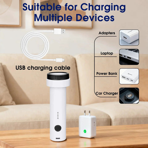 Portable Cordless Vacuum Pump For Storage Bags With 6.0 KPa Power USB Rechargeable Travel Air Sealer on table with charger and cable.