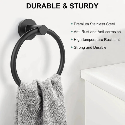 Matte Black Wall Towel Holder And Ring - Stainless Steel Heavy Duty Hand Towel Bar, installed with a gray towel in a bathroom setting.