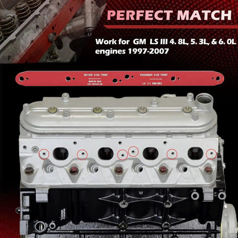 Manifold Drill Template for GM LS Engines 1999-2007 Removes Broken Exhaust Bolts displayed with engine and template