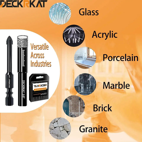7 Piece Dry Diamond Drill Bit Set For Tile And Masonry Includes Three Sixteenths Inch One Quarter Inch Twice Five Sixteenths Inch Three Eighths Inch One Half Inch And One Quarter Inch Bit Ideal For Glass Ceramic Marble Porcelain DIY Friendly DECKRKAT shown with applications for glass, acrylic, porcelain, marble, brick, and granite.