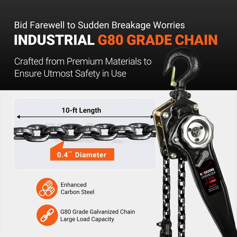 3 Ton Manual Lever Chain Hoist With 10ft Lift G80 Galvanized Steel Come Along showing chain, hook, and 0.4" diameter description