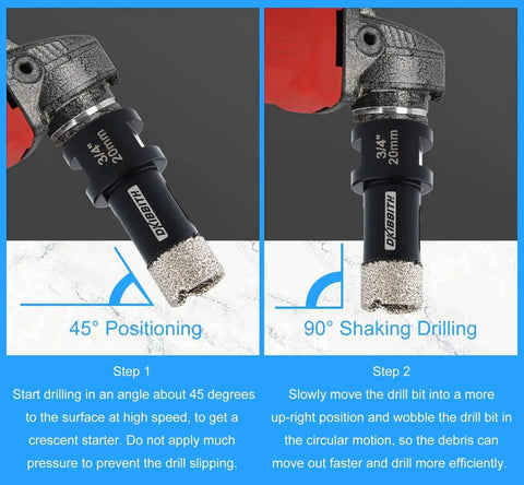 Image of 3/4 Inch Dry Diamond Core Drill Bit For Tile Porcelain Ceramic Granite Brick Concrete With Vacuum Brazed Hole Saw And 5/8-11 To 3/8 Hex Shank Adapter By DKIBBITH For Grinders Ideal For Cutting Holes In Shower Plumbing And AC Installations, showing 45-degree positioning and 90-degree shaking drilling techniques.