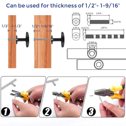 Installation guide for Matte Black Zinc Cabinet Knob And Drawer Pull Set with dimensions and tools for kitchen cabinets and dresser drawers
