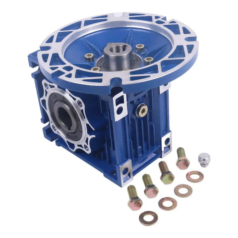 Workhorse Worm Gear Speed Reducer 30 To 1 Ratio with 56C Flange for industrial machinery, blue casing, shown with mounting bolts
