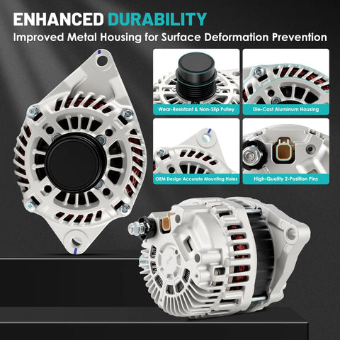 Front and side view of Drop-In 115A 12V Car Alternator Replacement For Chrysler 200 2011 2013 Sebring 2007 2010 Avenger 2008