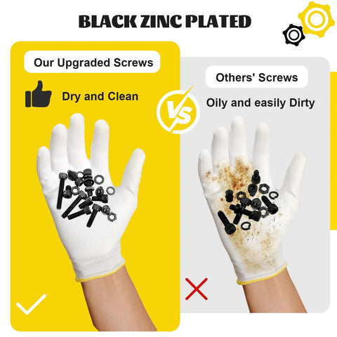 Comparison of clean black zinc plated screws vs dirty screws, highlighting the All In One 272 Piece M5 Screws Nuts Washers Kit benefits.