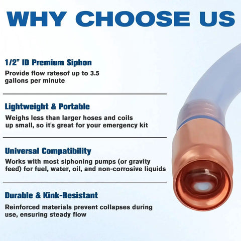 Close-up of the One Half Inch Siphon Hose for Gasoline and Water Transfer Self Priming 10ft with highlighted features