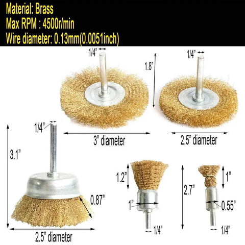 Brass Wire Wheel Brush Kit For Drill 5 Pc With One Quarter Inch Shank 0.13mm True Brass Wire Crimped Cup Brushes Soft Enough For Cleaning Or Deburring Without Scratches On Metal And Wood
