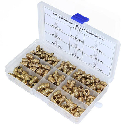 Brass Zerk grease fittings kit, 115 pcs, in clear plastic organizer box with straight, 90-degree and 45-degree fittings