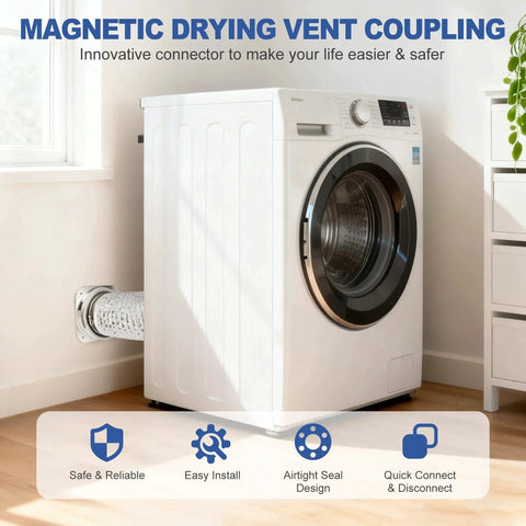 Side view of washing machine using Magnetic Dryer Vent Coupling with Quick Snap On Connection Self Aligning Magnets