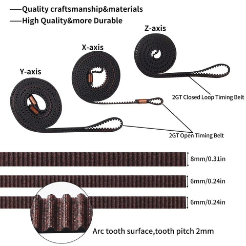 Kobra3 X Y Z Axis Timing Belt Kit with rubber drive belts for 3D printer showing sizes and arc tooth surface detail.