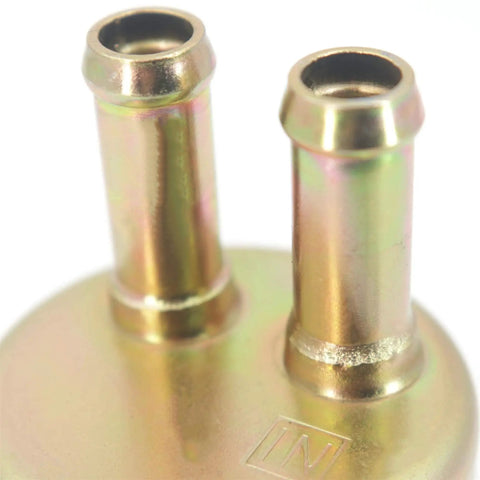 Close-up of brass inlet and outlet on Electric Fuel Pump Direct Replacement For VT750C VT750CD VT750DC Shadow Ace 750 1998 2003 12V 2-4 PSI High Flow 40 LPH OE-Quality Fit Replaces 16710-MBA-612 And 16710-MBA-611 No Modifications.