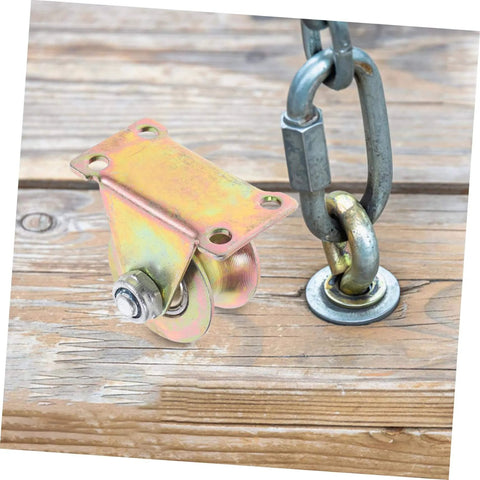 Two Pack Heavy Duty Track Pulleys Wear-Resistant Wheels For Sliding Doors And Industrial Use shown on wooden surface with chain link