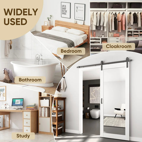 32 Inch By 84 Inch Mirror Barn Door With 5.5 Foot Sliding Hardware Kit Included No Assembly Required displayed in various rooms including bedroom, cloakroom, bathroom, and study.