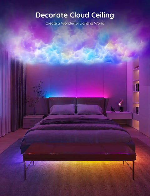 RGBIC LED Strip Lights With Bluetooth App Control For Bedroom Decor 16.4ft installed above bed, creating colorful ambiance.