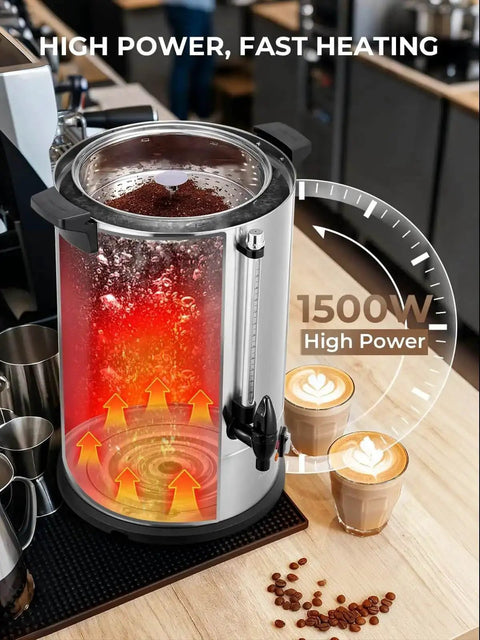 Large-Capacity Commercial Coffee Urn Dispenser 15 L Keeps Beverages Hot, 150 Cups Per Hour Quick Brew With Dripless Faucet, 1500W Power