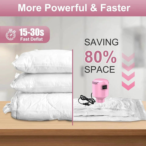 Electric Vacuum Pump For Storage Bags Portable Vacuum Bag Pump With One Button Push 3X Faster Than Hand Pumps Creates Airtight Seals In 15 30 Seconds Great For Clothes Bedding Blankets Pink image showing pump next to compressed storage bags