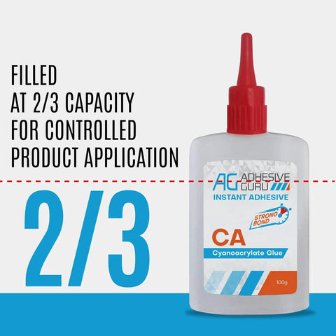 Front view of Adhesive Guru Fast Acting Cyanoacrylate Glue With Activator For Woodworking, labeled for controlled application.