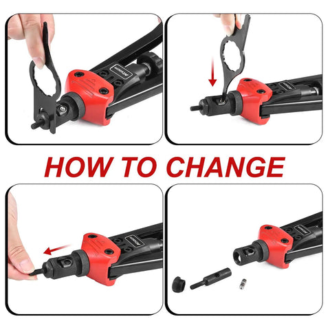 Rivet Nut Tool Kit With 16 Inch Quick Change Head, 12 Interchangeable Metric And SAE Mandrels, 145 Rivnuts, And Rugged Carrying Case For Pro Grade Fastener Installations showing quick head change process.