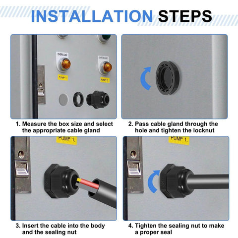 Installation steps for 2 Pack G 2 Inch Nylon Cable Glands Waterproof Cord Grip Connectors For DIY Projects with 37-44mm grommets.