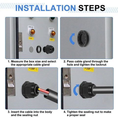 Installation steps for Five Piece G Half Inch Nylon Cable Glands Waterproof Cord Grip Connector with adjustable wire grommet