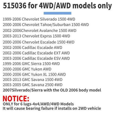 Text listing vehicles compatible with Front Wheel Hub Bearing Assembly 515036 for Chevy Silverado 1500 1999-2006 4x4 OE Replacement.