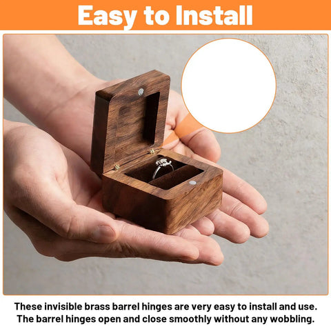 Hands holding a wooden jewelry box showcasing hidden brass barrel hinges set 30 pieces for DIY crafts and small boxes invisible concealed hinges.