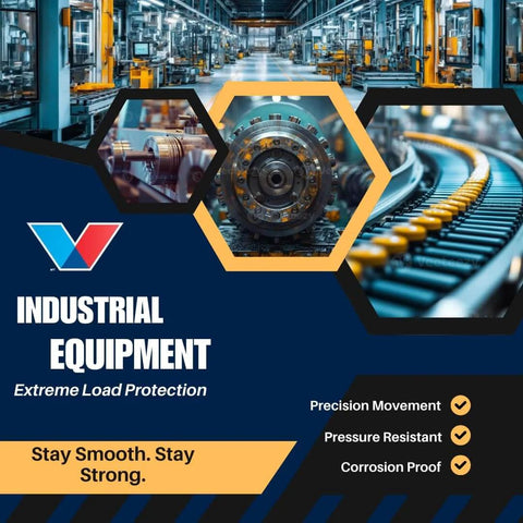 Industrial equipment collage with various machinery, gears, and conveyor belt, showcasing extreme load protection benefits.