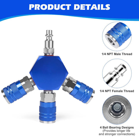 Blue hexagonal air splitter manifold with four 1/4 NPT connectors for quick-connect hose fittings