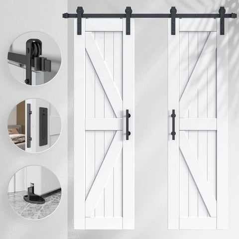 Double 24In By 84In Barn Door Kit With 8Ft Sliding Hardware And Handle Included, DIY Ready, Easy Install, Water-Resistant White K-Frame
