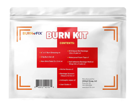Front view of Complete 25 Piece Burn First Aid Kit with contents listed, including hydrogel dressings, burn gel, gloves, and scissors.