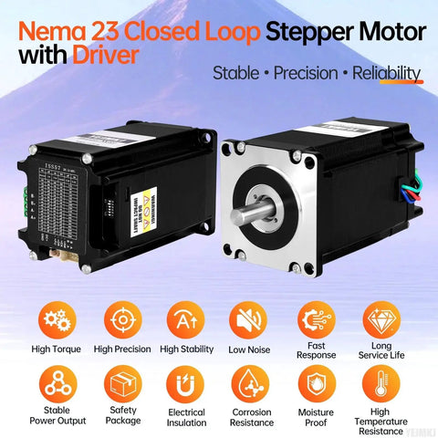 Nema 23 Closed Loop Stepper Motor With Built In Driver For CNC Mills And Lathes, front and side view, visible wiring and labels