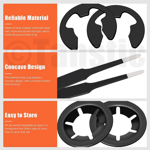 Lock washer set with tweezers; black metal internal-tooth star washers and external retaining rings.