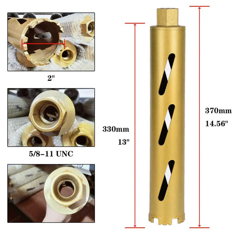 Pro Grade Dry Core Drill Bit for Concrete and Masonry, 2 Inch Diameter, 13 Inch Drilling Depth, side and close-up views
