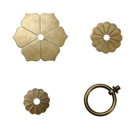 4 Pcs Vintage Flower Drop Ring Drawer Pulls Brass Cabinet Handles in Bronze Finish, different components, antique style, flower motif.