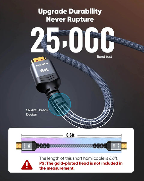 Ultra High Speed HDMI Cable 8K 60Hz 4K 120Hz 48Gbps Braided 6.6ft with SR Anti-break Design and 25,000 bend test durability