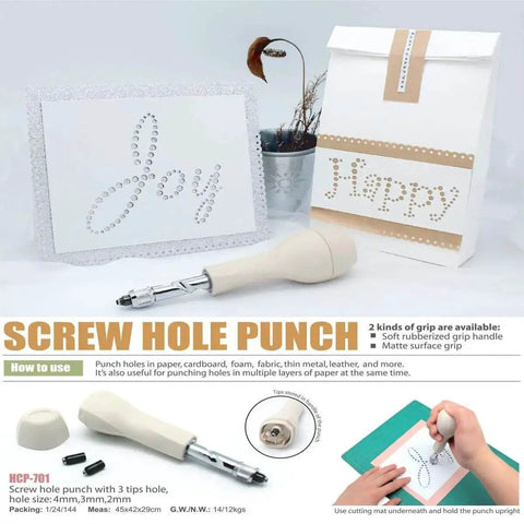 Versatile Screw Punch With 2Mm, 3Mm And 4Mm Tips For Circular Paper Holes Anywhere, Oversized Soft Grip Handle Makes Punching Paper And Scrapbooking A Breeze shown with crafts