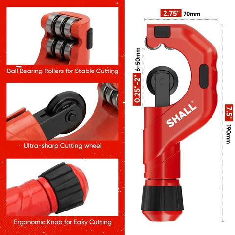 Pro Grade Heavy Duty 4-Piece Tubing Cutter Set For Copper Aluminum Stainless Steel And PVC From One Quarter To Two Inch Outside Diameter Plus A Mini Cutter For One Eighth To Seven Eighths Inch OD With Deburring Tool And Pipe Reamer, showing ball bearing rollers and cutting wheel details.