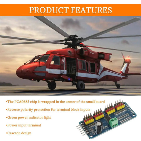Sixteen Channel PWM Servo Driver Board With 12 Bit I2C Interface PCA9685 shown in an image with a helicopter and product features