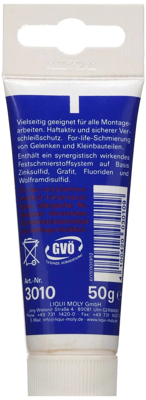 Back view of LM 48 Installation Paste For Engine And Gearbox Assembly, Pro Grade Lubricant Paste, 50 g tube with product details.