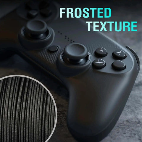 Close-up of a black game controller highlighting frosted texture with zoom-in inset. Features carbon fiber reinforced nylon filament look.